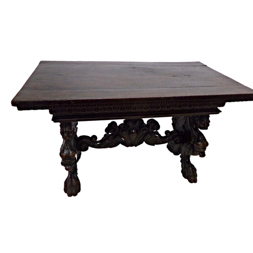 541 - 17th century and later oak twin pillar refectory table, the base carved with mythical winged lions o... 