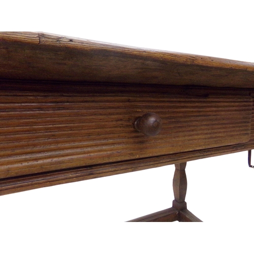 542 - Interesting 19th century Swedish pine refectory table, top with canted corners, carved ribbed band a... 