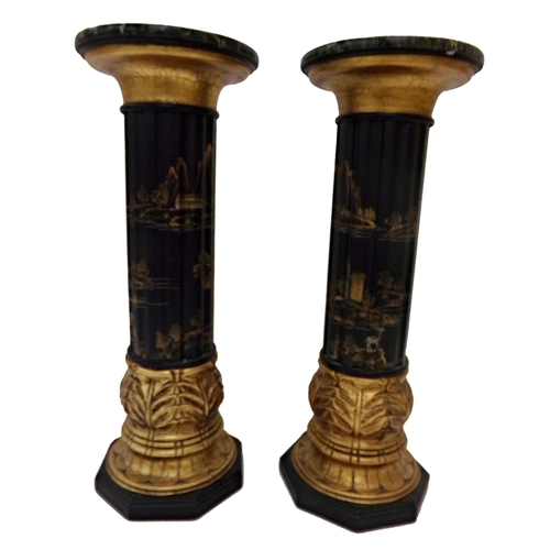 543 - Pair of neoclassical style Chinoiserie lacquered torcheres of columns, with marbled tops, landscape ... 