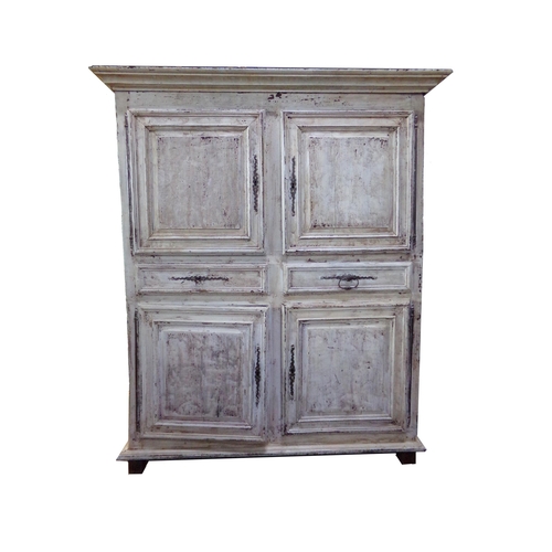 544 - Large and impressive French oak linen press, with original paint, four cupboard doors and two drawer... 