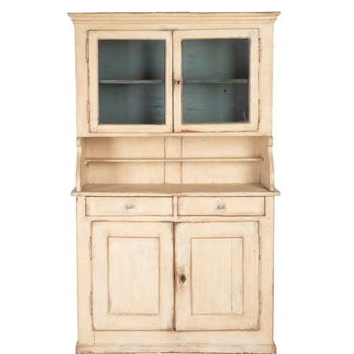 545 - 19th century French pine buffet deux corps, with original paint, raised back with glazed doors, base... 