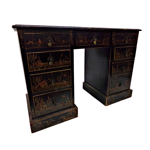 547 - 19th century twin pedestal desk, with lacquered chinoiserie and gilt decoration, gilt tooled leather... 