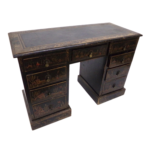 547 - 19th century twin pedestal desk, with lacquered chinoiserie and gilt decoration, gilt tooled leather... 