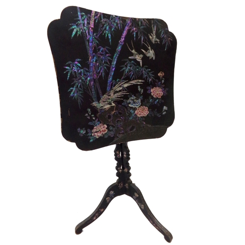 108 - Late 19th century Oriental lacquered and painted tilt top tripod table inlaid with abalone and pearl... 