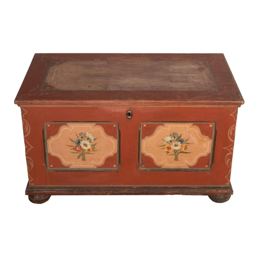 549 - Attractive painted Hungarian Marriage Chest, twin panel front with floral bouquets, 60 x 107cm