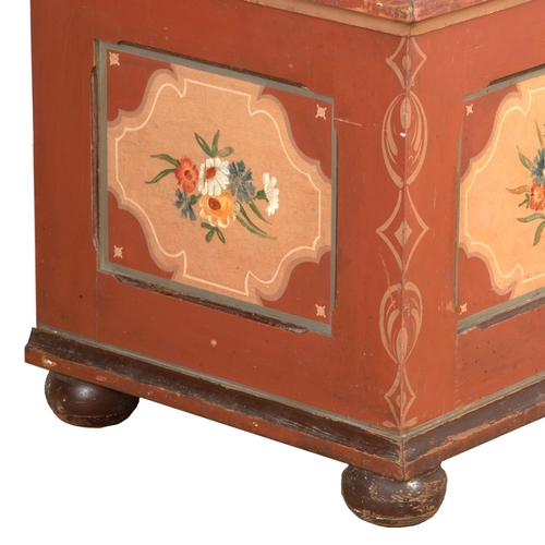 549 - Attractive painted Hungarian Marriage Chest, twin panel front with floral bouquets, 60 x 107cm