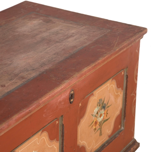 549 - Attractive painted Hungarian Marriage Chest, twin panel front with floral bouquets, 60 x 107cm