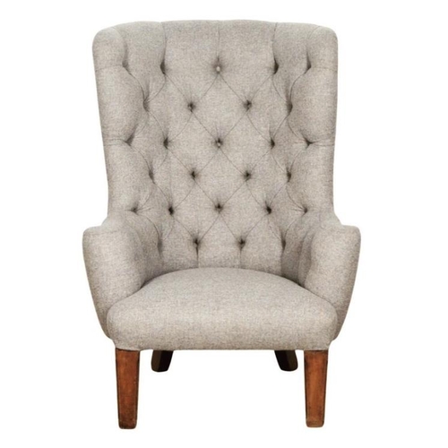 550 - Impressive 19th century barrel and button back lounge chair, recently upholstered in tweed