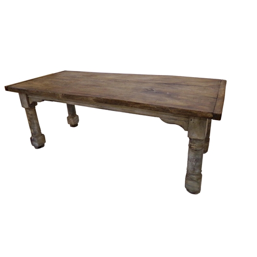 551 - Good 19th century French fruitwood kitchen table, the top with good patina on four turned leg with o... 