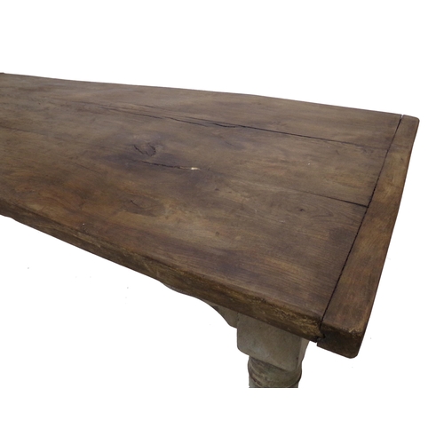 551 - Good 19th century French fruitwood kitchen table, the top with good patina on four turned leg with o... 