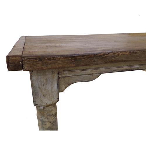 551 - Good 19th century French fruitwood kitchen table, the top with good patina on four turned leg with o... 