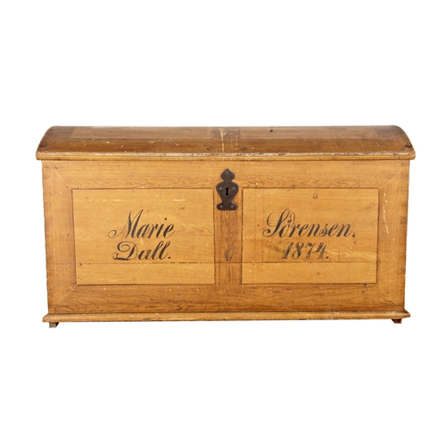 553 - Large 19th century Swedish dome top marriage chest, twin iron handles, inscribed 'Marie Dall, Sorens... 