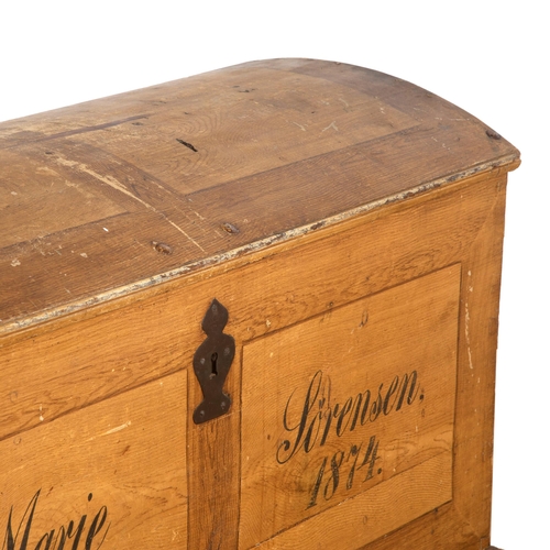 553 - Large 19th century Swedish dome top marriage chest, twin iron handles, inscribed 'Marie Dall, Sorens... 