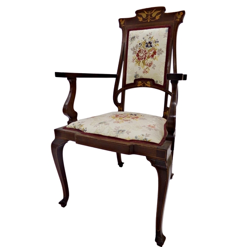 556 - Art Nouveau walnut and boxwood inlaid salon carver chair, with scrolled organic frame and stuffover ... 