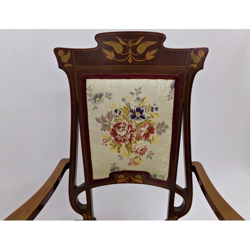 556 - Art Nouveau walnut and boxwood inlaid salon carver chair, with scrolled organic frame and stuffover ... 