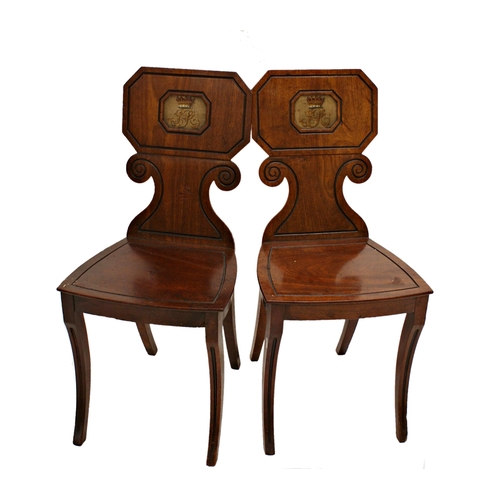 567 - Interesting pair of Regency period hall chairs, the backs with hand painted royal cypher (see images... 