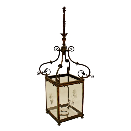 569 - Good 19th century square hall lantern, with four star cut glass panels on a scrolled gilt metal fram... 