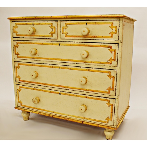 574 - Highly decorative Victorian pine chest of drawers, hand painted with bamboo tracery, cream ground, 9... 