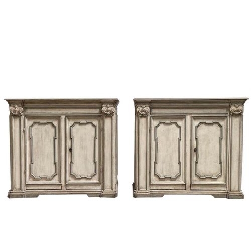 579 - Impressive substantial pair of 18th century Italian painted credenza, thick twin panelled doors flan... 