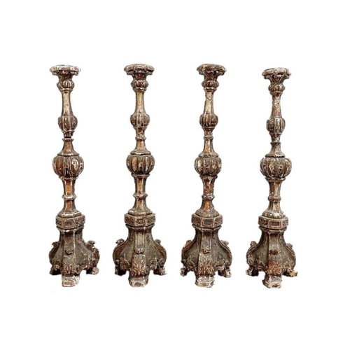 582 - Large set of 4 18th century Italian ecclesiastical gesso candlesticks, 100cm high