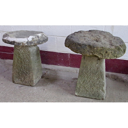 17 - Matching pair of natural stone saddle stones, the caps 52 & 62cm diameter