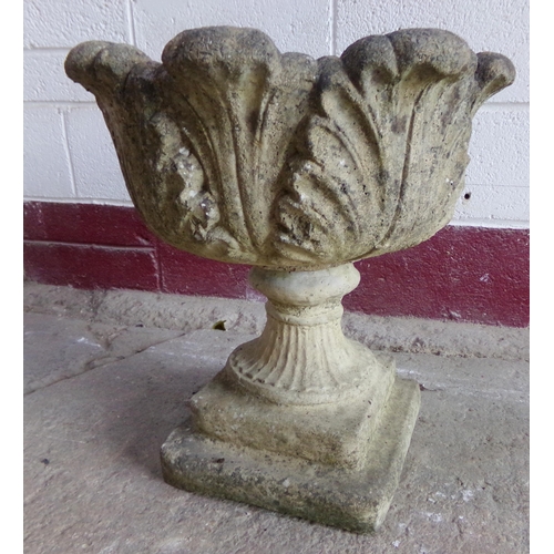 27 - Reconstituted stone pedestal urn, with acanthus bowl and stepped square base, 50 x 50cm