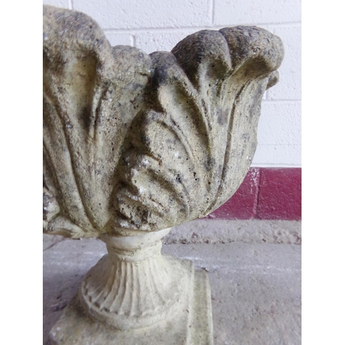 27 - Reconstituted stone pedestal urn, with acanthus bowl and stepped square base, 50 x 50cm