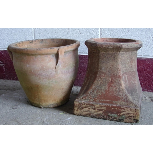 28 - Terracotta amphora type flower pot, 34 x 38cm, with a further terracotta chimney stack (2)