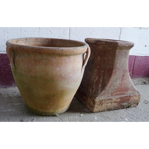 28 - Terracotta amphora type flower pot, 34 x 38cm, with a further terracotta chimney stack (2)