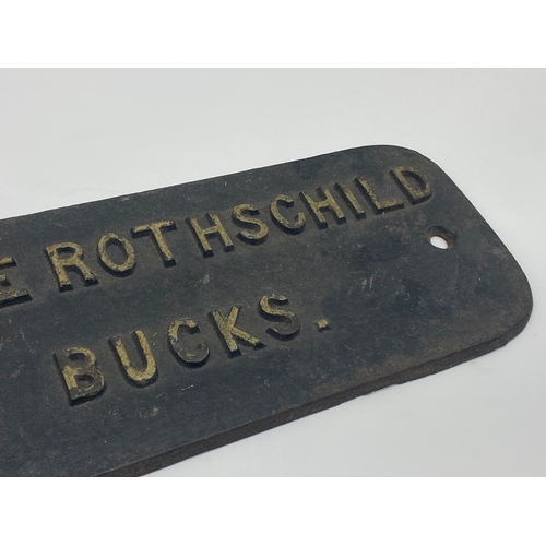 31 - Old cast iron sign inscribed 'Baron Ferdinand De Rothschild, Waddesdon Bucks' 64cm long