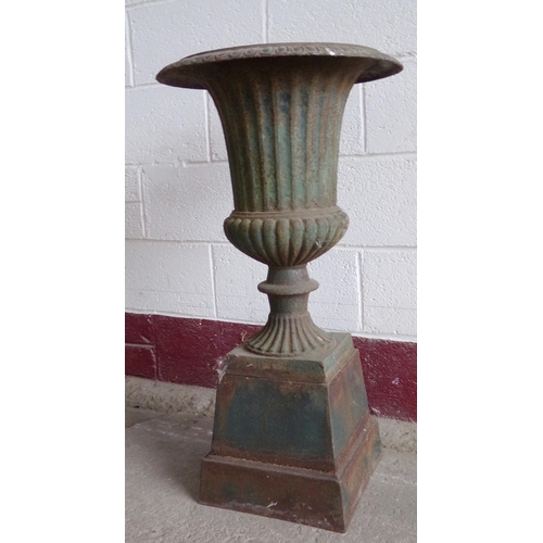 37 - Antique cast iron urn and plinth, 90cm high