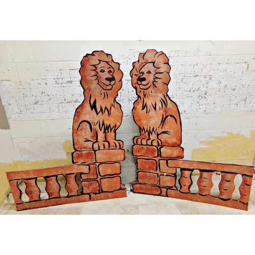 38 - Pair of vintage hand painted theatrical props in the form of lions sat on pillars, 156 x 120cm