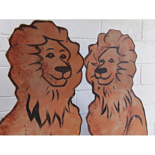 38 - Pair of vintage hand painted theatrical props in the form of lions sat on pillars, 156 x 120cm