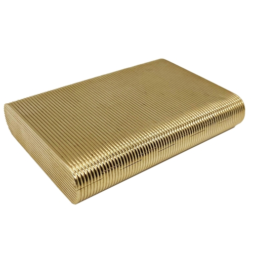 360 - A 9ct gold cigarette case with engine turned lined detailing and hidden clasp worked into the design... 