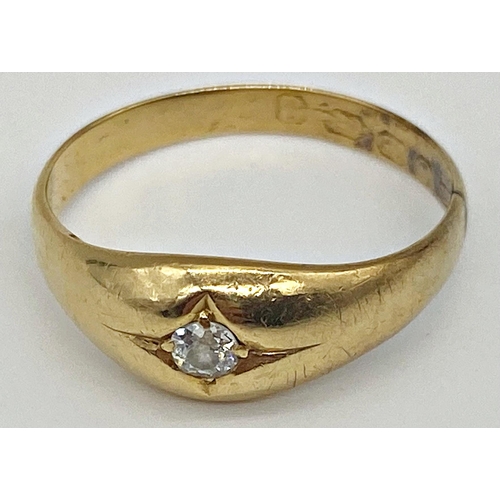 302 - 18ct gold gypsy ring set with a single .10ct diamond, size Q, 3.9 g approx.