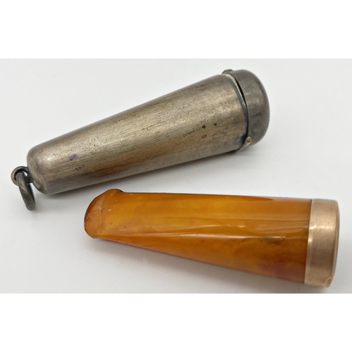 308 - A 9ct gold banded amber cigar or cheroot holder, within a silver case,  case measures 7 cm long appr... 