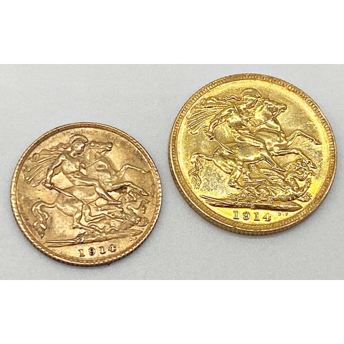 318 - A boxed full sovereign dated for 1914 with a further half sovereign also dated for 1914. Combined we... 