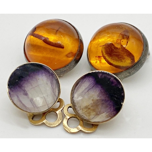 335 - A pair of 9ct gold clip earrings set with Blue John 1cm in diameter approx together with a further p... 