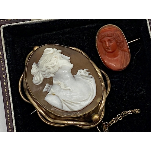 337 - Gilt metal mounted cameo of a classical maiden measuring 5.5 cm x 3.5 cm together with a red coral c... 