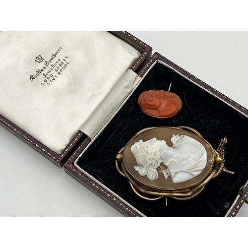 337 - Gilt metal mounted cameo of a classical maiden measuring 5.5 cm x 3.5 cm together with a red coral c... 