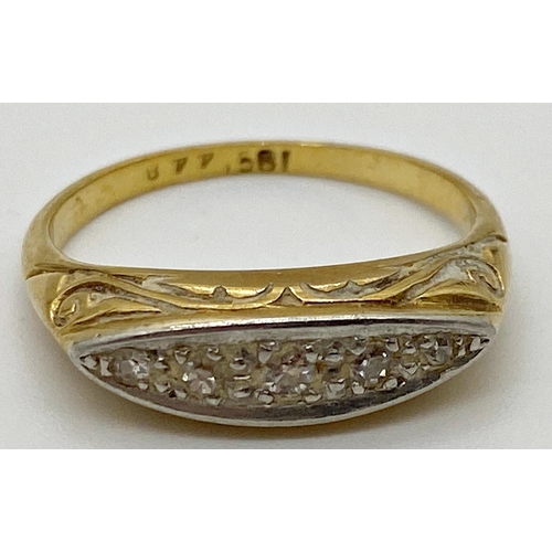 342 - 18ct gold ring with scrolling decoration to the mount set with 5 small graduated Diamonds Size M 1/2... 