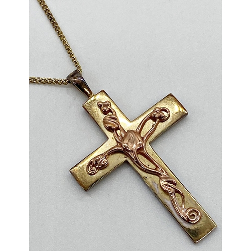 343 - 9ct gold Clogau cross and chain with scrolling floral Art Nouveau style applied decoration. Cross me... 