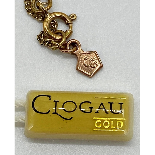 343 - 9ct gold Clogau cross and chain with scrolling floral Art Nouveau style applied decoration. Cross me... 