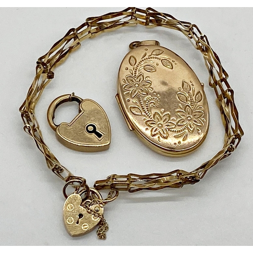 344 - Yellow metal locket with engraved floral design 3 cm x 2 cm with a 9ct gold gate bracelet and furthe... 