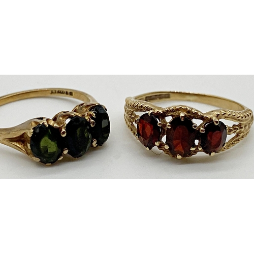 345 - Two 9ct gold dress rings both set with garnet stones. Sizes L 1/2 and M approx. Combined weight 4.67... 