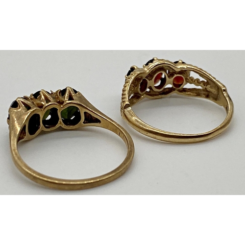 345 - Two 9ct gold dress rings both set with garnet stones. Sizes L 1/2 and M approx. Combined weight 4.67... 