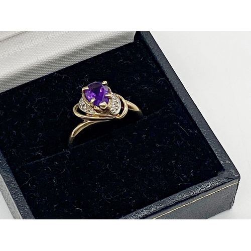 355 - 9ct amethyst and diamond fancy cluster ring, size K, 2.2g approx