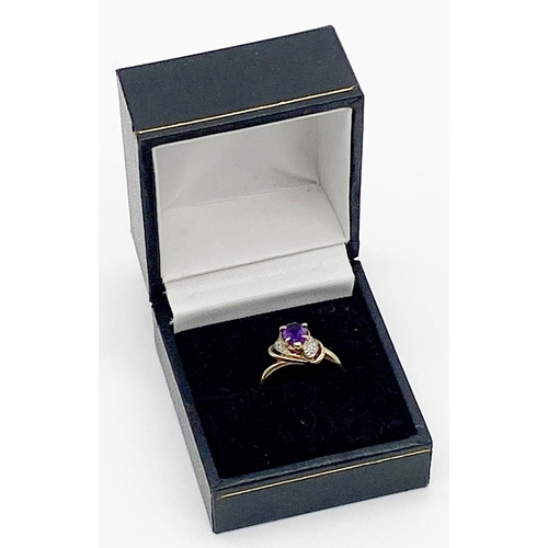 355 - 9ct amethyst and diamond fancy cluster ring, size K, 2.2g approx