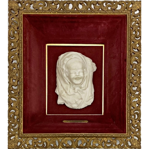 590 - 19th century French marble bust carving of a crying baby, within a velvet cushion gilt wood frame, w... 