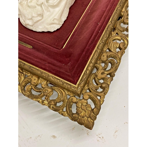 590 - 19th century French marble bust carving of a crying baby, within a velvet cushion gilt wood frame, w... 